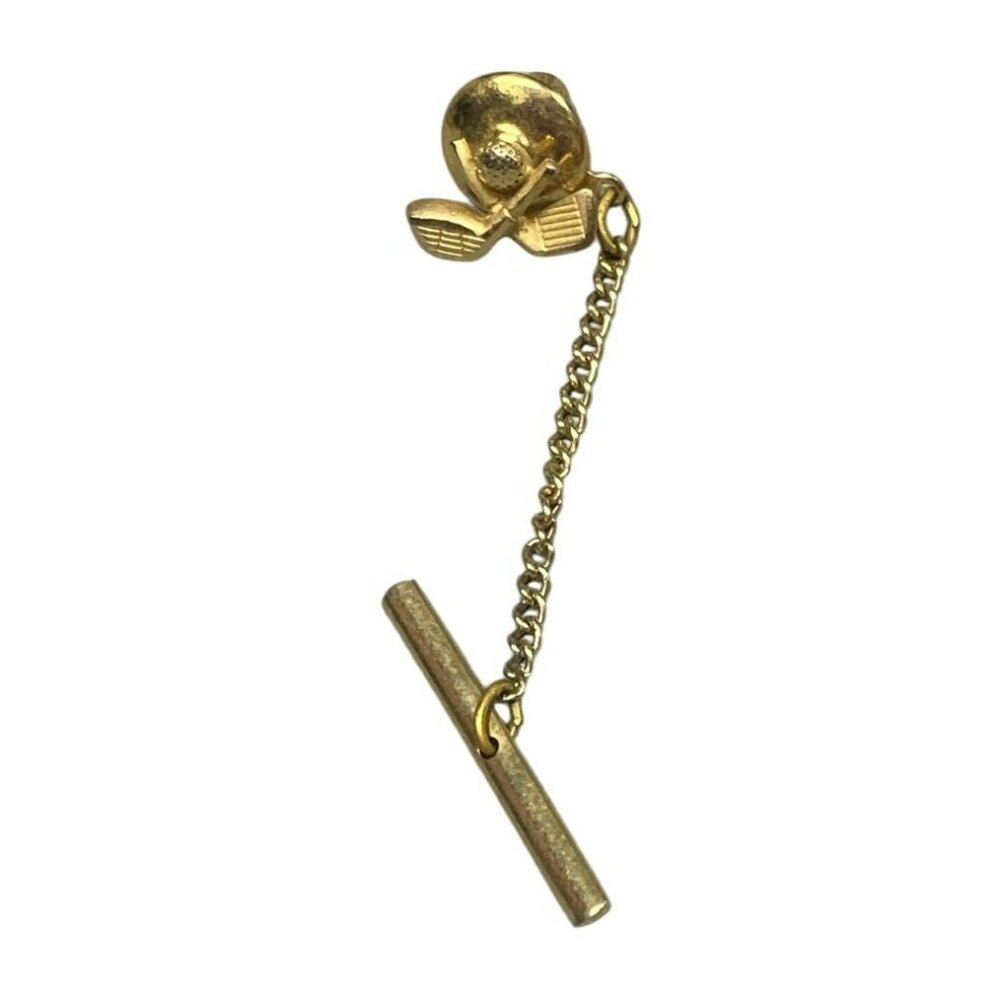 Vintage Gold Tone Golf Ball & Club Tie Tack With Chain & Bar